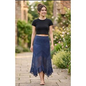 Solitaire Lace Midi Dress L Navy Scarf Hem Boho Prairie Whimsigoth Witchy